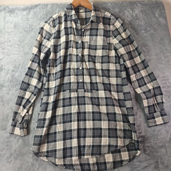 J‎ Crew Womens Plaid Popover Tunic Shirt XS Black Beige Cotton Style 50280 Fall - Picture 1 of 9